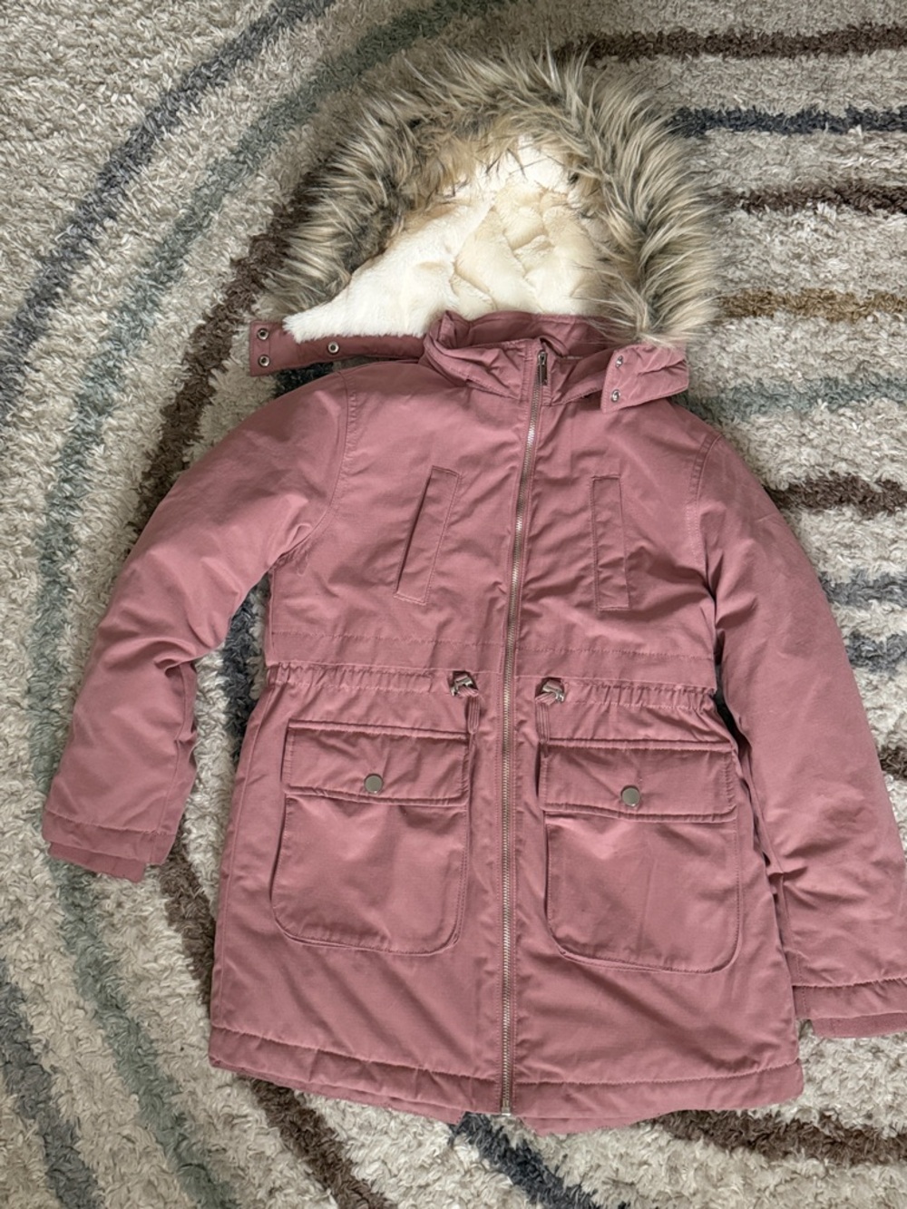 H&M Mauve Pink Faux-Fur Hooded Puffer Coat Size 10 Y